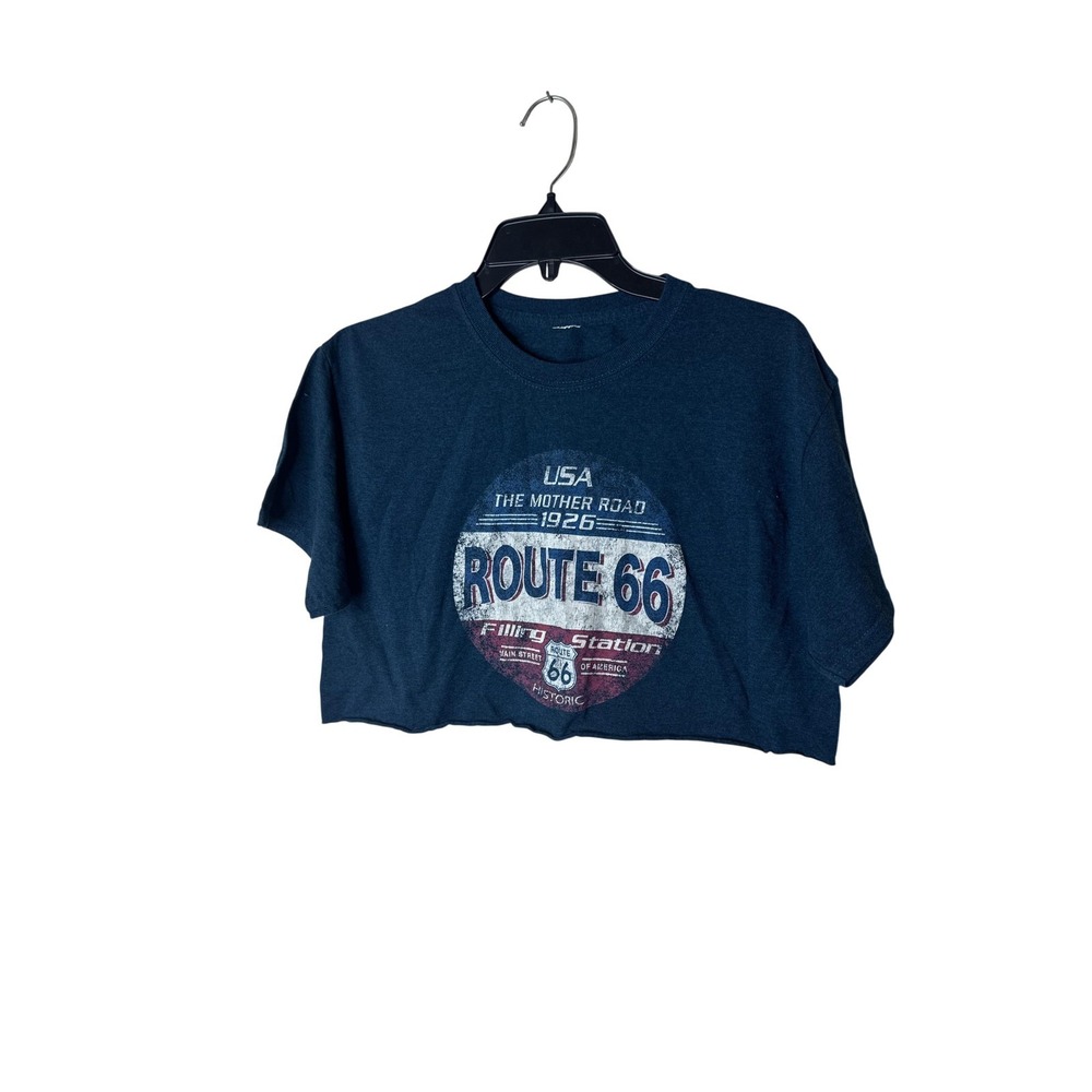 Route‎ 66 Shirt Womens Medium Blue Cropped Graphic Tee USA Road Trip Retro